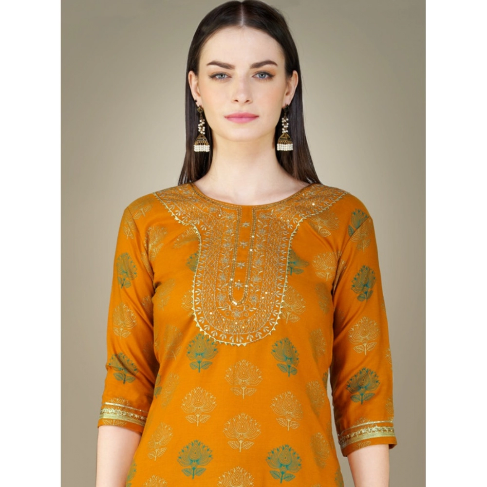 Women's Casual 3-4 th Sleeve Embroidery Cotton Kurti Pant Dupatta Set (Yellow) - Image 5