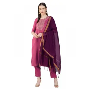 Women's Casual 3-4 th Sleeve Embroidery Cotton Kurti Pant Dupatta Set (Wine)
