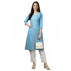 Women's Casual 3-4 th Sleeve Embroidery Cotton Kurti (Light Blue)