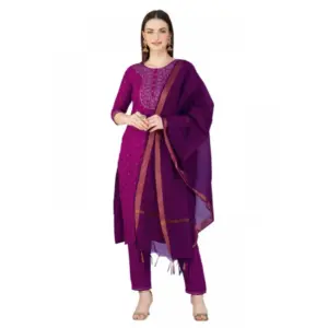 Women's Casual 3-4 th Sleeve Embroidery Cotton Kurti Pant Dupatta Set (Purple)