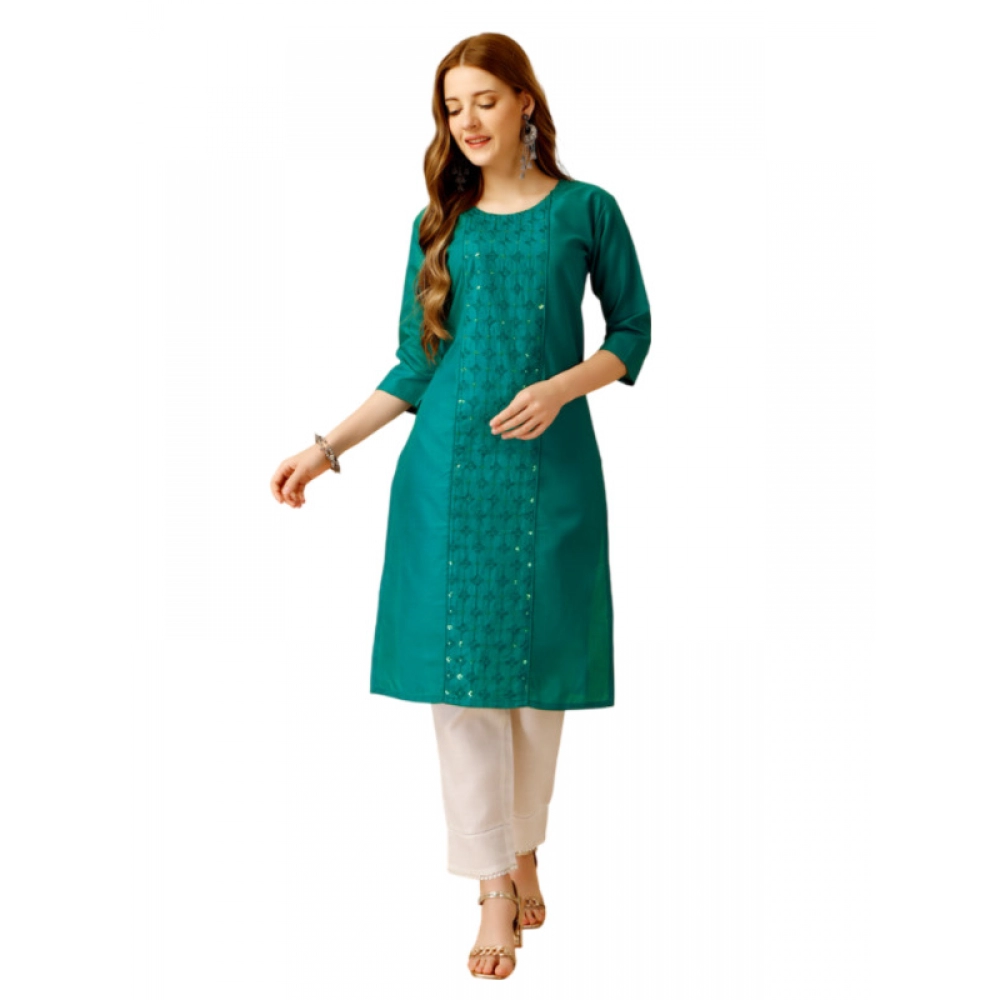 Women's Casual 3-4 th Sleeve Embroidery Cotton Kurti Pant Set (Light Green)