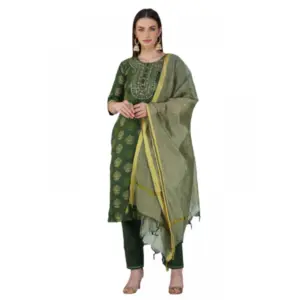 Women's Casual 3-4 th Sleeve Embroidery Cotton Kurti Pant Dupatta Set (Dark Green)