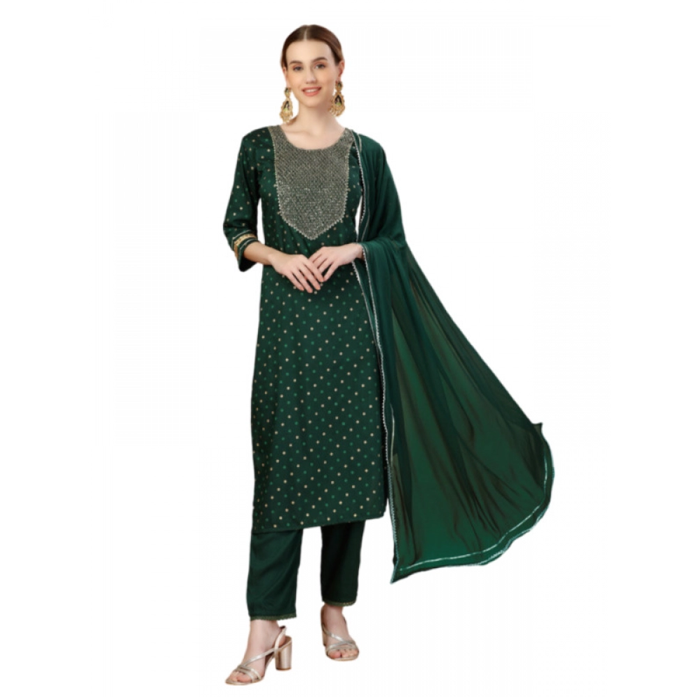 Women's Casual 3-4 th Sleeve Embroidery Silk Blend Kurti Pant Dupatta Set (Dark Green)