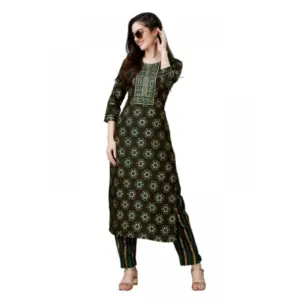 Women's Casual 3-4 th Sleeve Embroidery Rayon Kurti Pant Set (Brown)