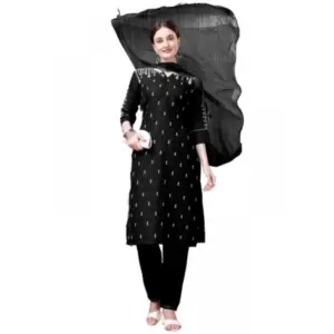 Women's Casual 3-4 th Sleeve Embroidery Cotton Kurti Pant Dupatta Set (Black)