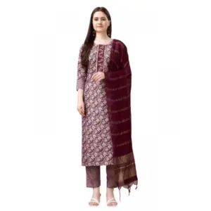 Women's Casual 3-4 th Sleeve Embroidery Rayon Kurti Pant Dupatta Set (Maroon)