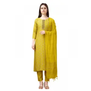 Women's Casual 3-4 th Sleeve Embroidery Rayon Kurti Pant Dupatta Set (Yellow)