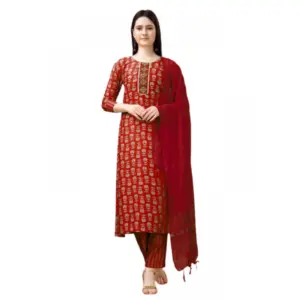 Women's Casual 3-4 th Sleeve Embroidery Rayon Kurti Pant Dupatta Set (Maroon)