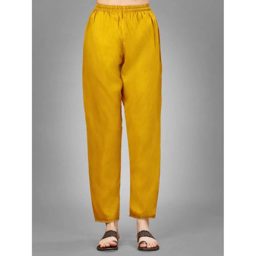 Women's Casual 3-4 th Sleeve Embroidery Silk Blend Kurti Pant Dupatta Set (Golden) - Image 2