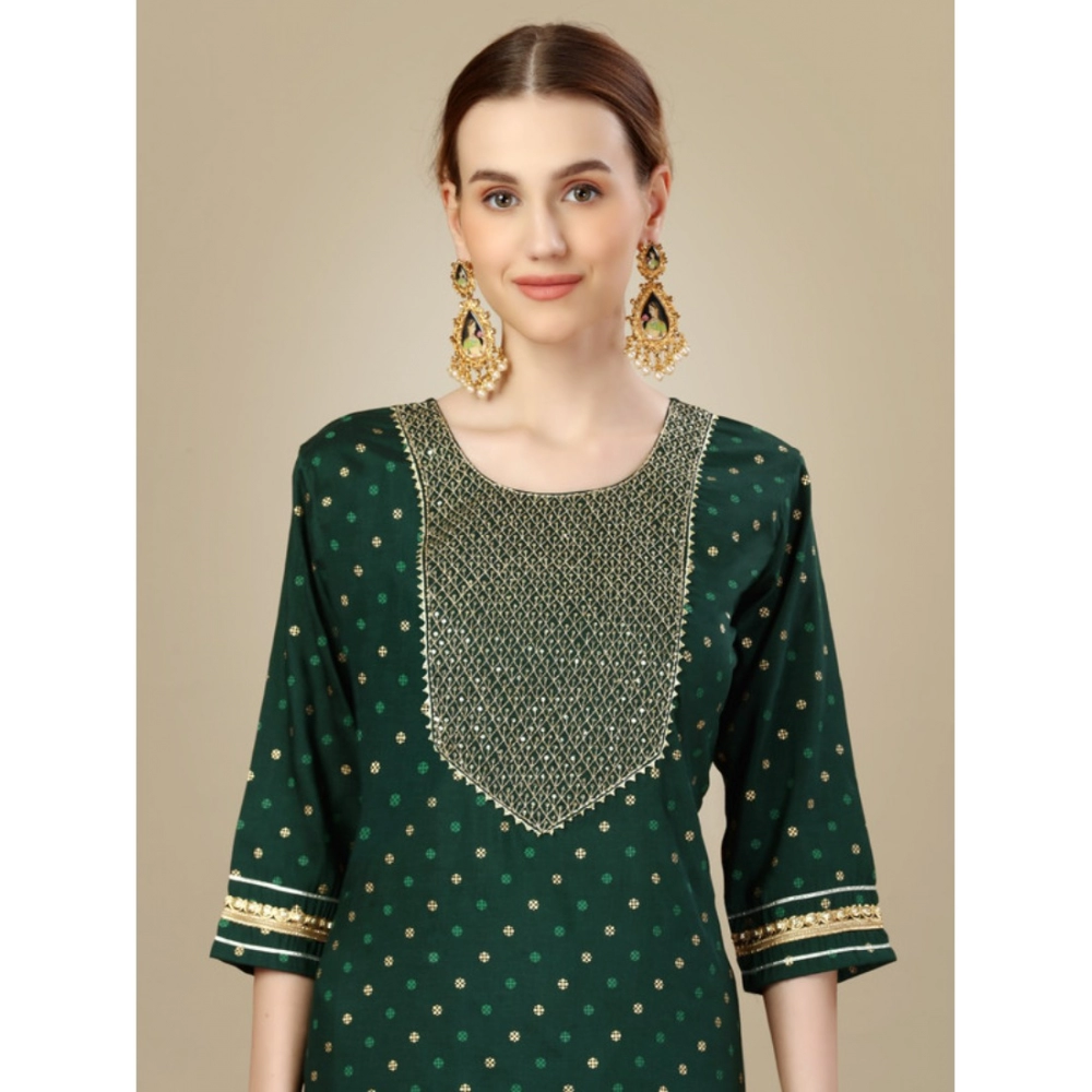 Women's Casual 3-4 th Sleeve Embroidery Silk Blend Kurti Pant Dupatta Set (Dark Green) - Image 4