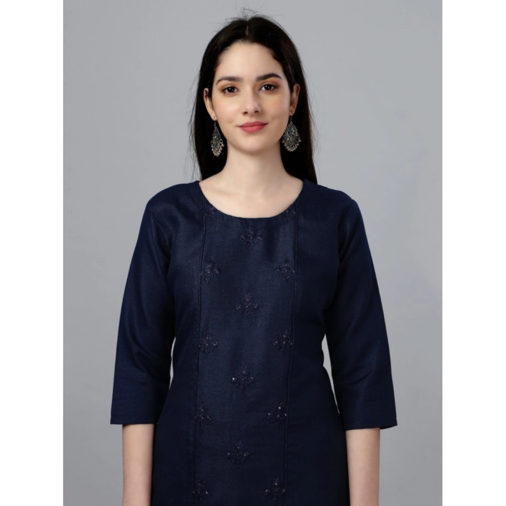 Women's Casual 3-4 th Sleeve Embroidery Cotton Kurti (Dark Blue) - Image 3