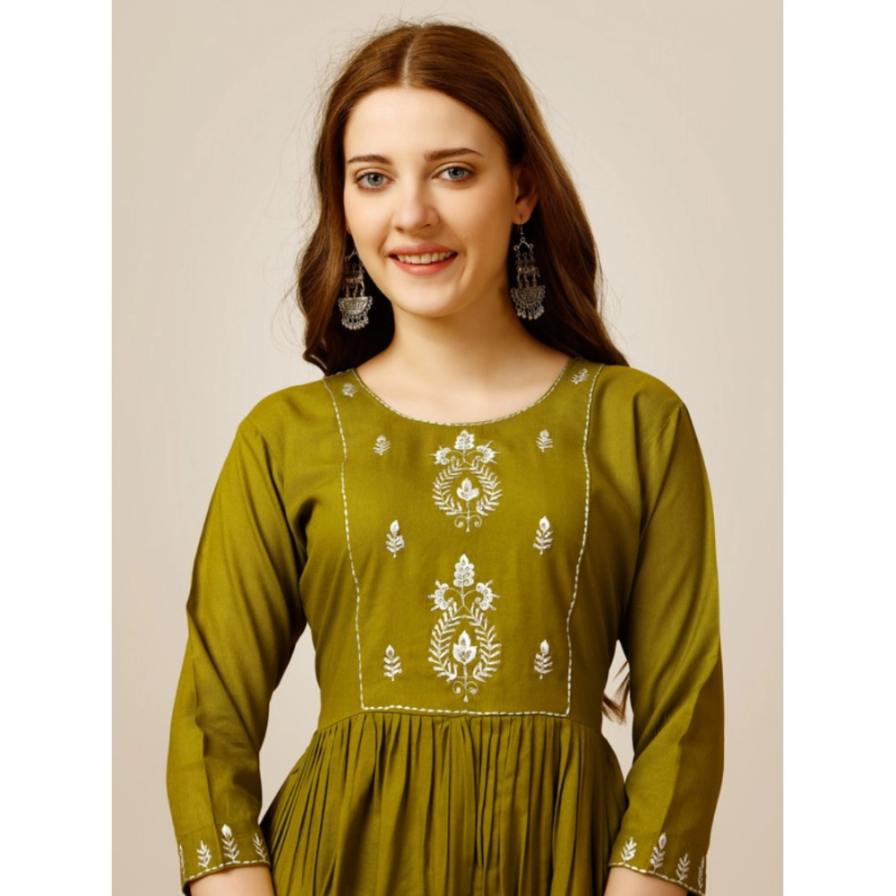 Women's Casual 3-4 th Sleeve Embroidered Rayon Tunic Top (Green) - Image 2