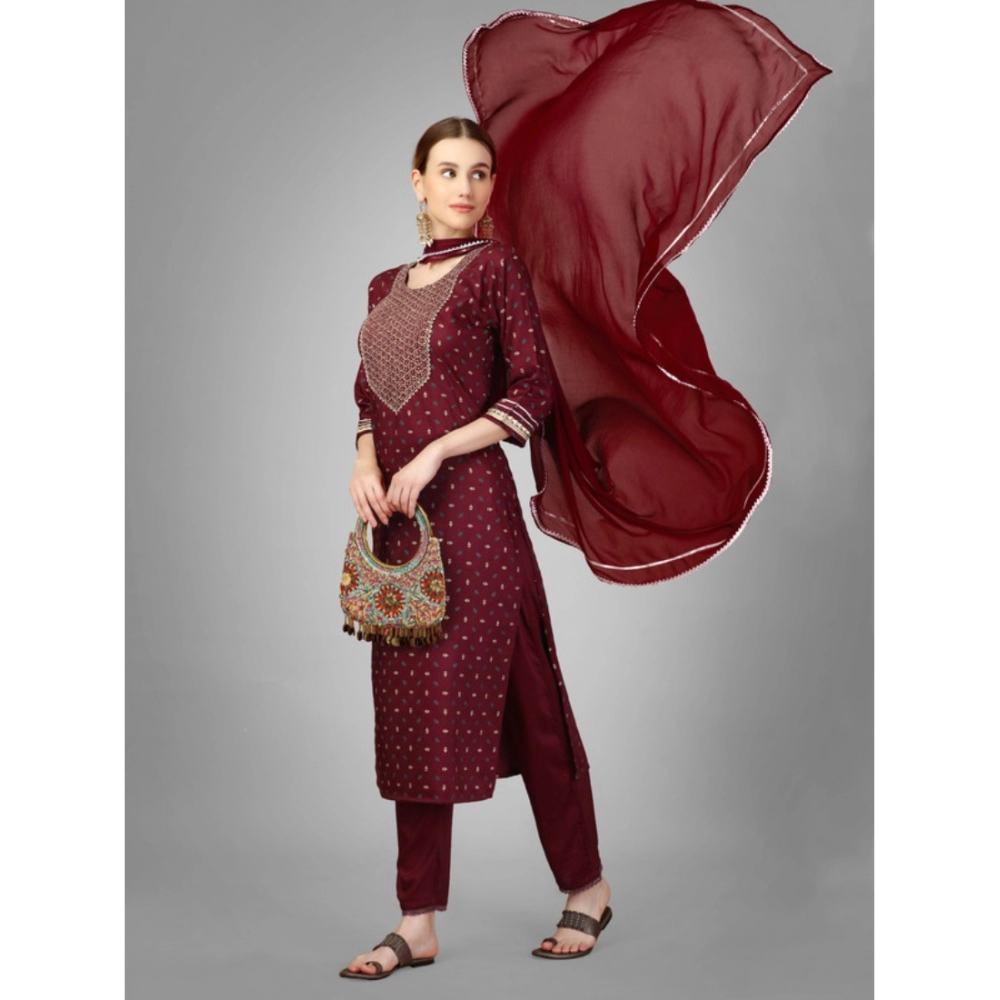 Women's Casual 3-4 th Sleeve Embroidery Silk Blend Kurti Pant Dupatta Set (Maroon) - Image 2