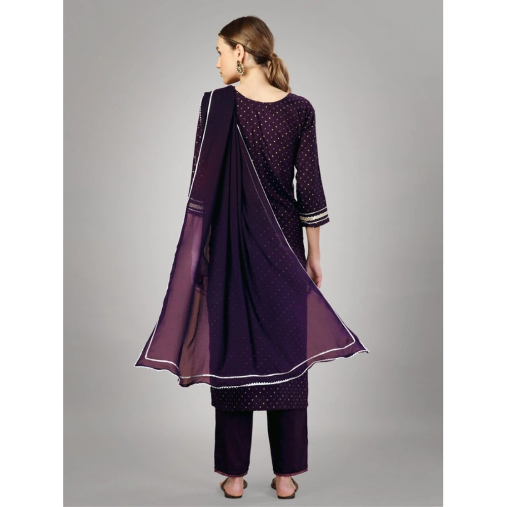Women's Casual 3-4 th Sleeve Embroidery Silk Blend Kurti Pant Dupatta Set (Purple) - Image 7