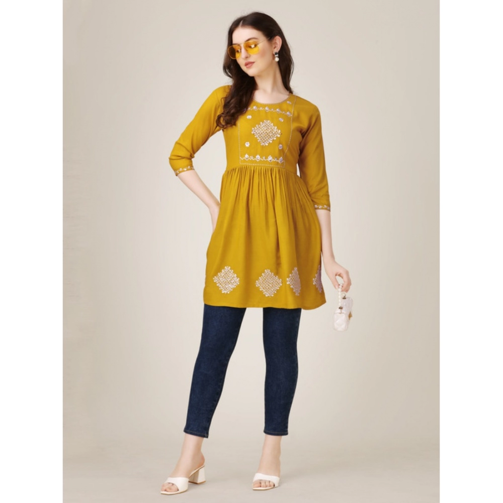 Women's Casual 3-4 th Sleeve Embroidered Rayon Tunic Top (Mustard) - Image 6