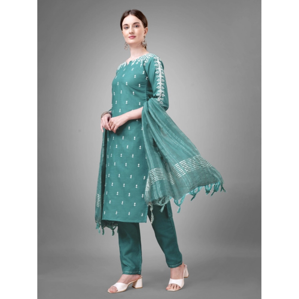 Women's Casual 3-4 th Sleeve Embroidery Cotton Kurti Pant Dupatta Set (Teal) - Image 4