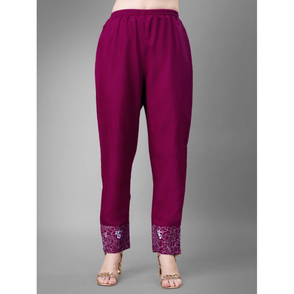 Women's Casual 3-4 th Sleeve Embroidery Cotton Kurti Pant Dupatta Set (Purple) - Image 2