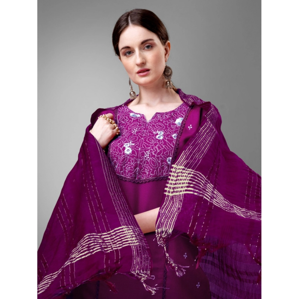 Women's Casual 3-4 th Sleeve Embroidery Cotton Kurti Pant Dupatta Set (Purple) - Image 3