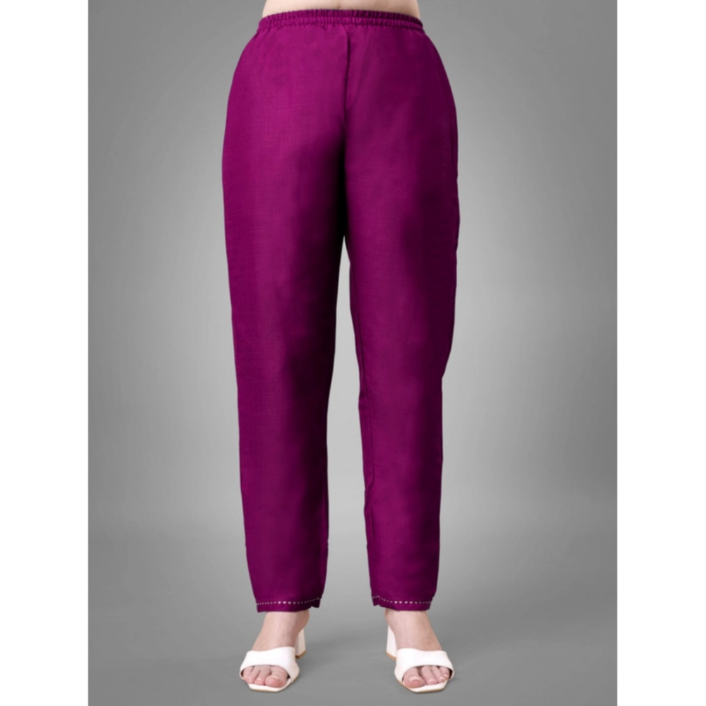 Women's Casual 3-4 th Sleeve Embroidery Cotton Kurti Pant Dupatta Set (Purple) - Image 2