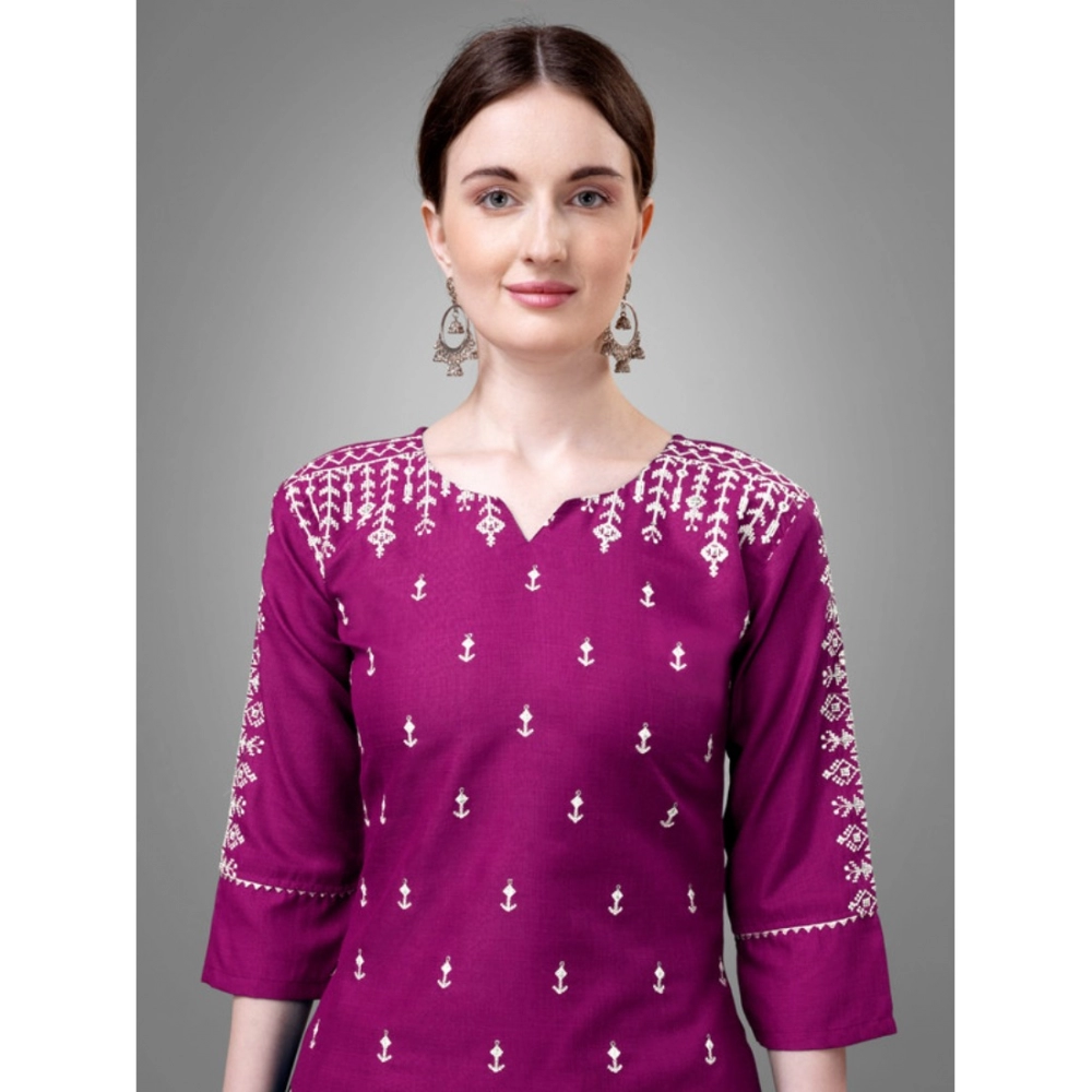 Women's Casual 3-4 th Sleeve Embroidery Cotton Kurti Pant Dupatta Set (Purple) - Image 3