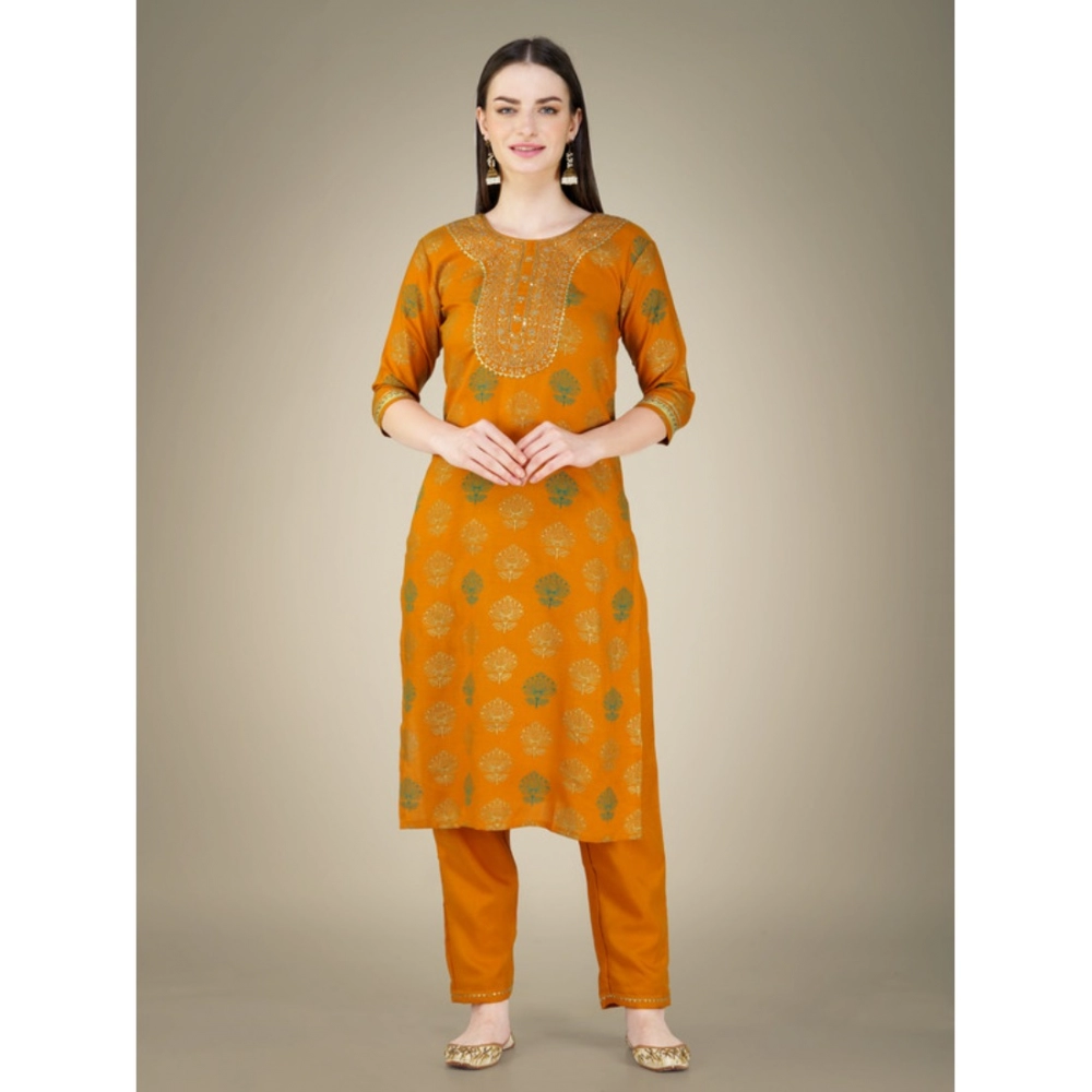 Women's Casual 3-4 th Sleeve Embroidery Cotton Kurti Pant Dupatta Set (Yellow) - Image 7