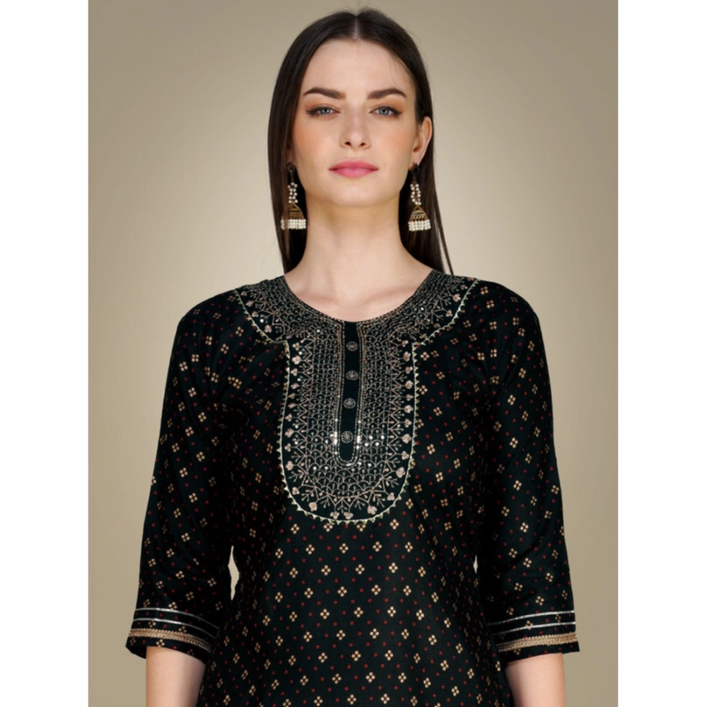 Women's Casual 3-4 th Sleeve Embroidery Cotton Kurti Pant Dupatta Set (Black) - Image 5