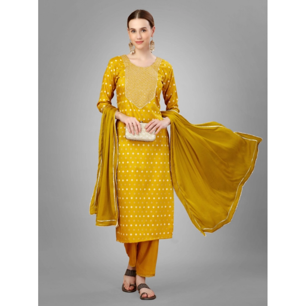 Women's Casual 3-4 th Sleeve Embroidery Silk Blend Kurti Pant Dupatta Set (Golden) - Image 3