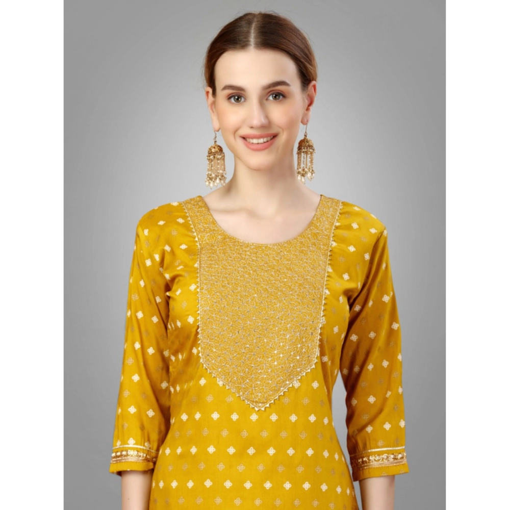 Women's Casual 3-4 th Sleeve Embroidery Silk Blend Kurti Pant Dupatta Set (Golden) - Image 4