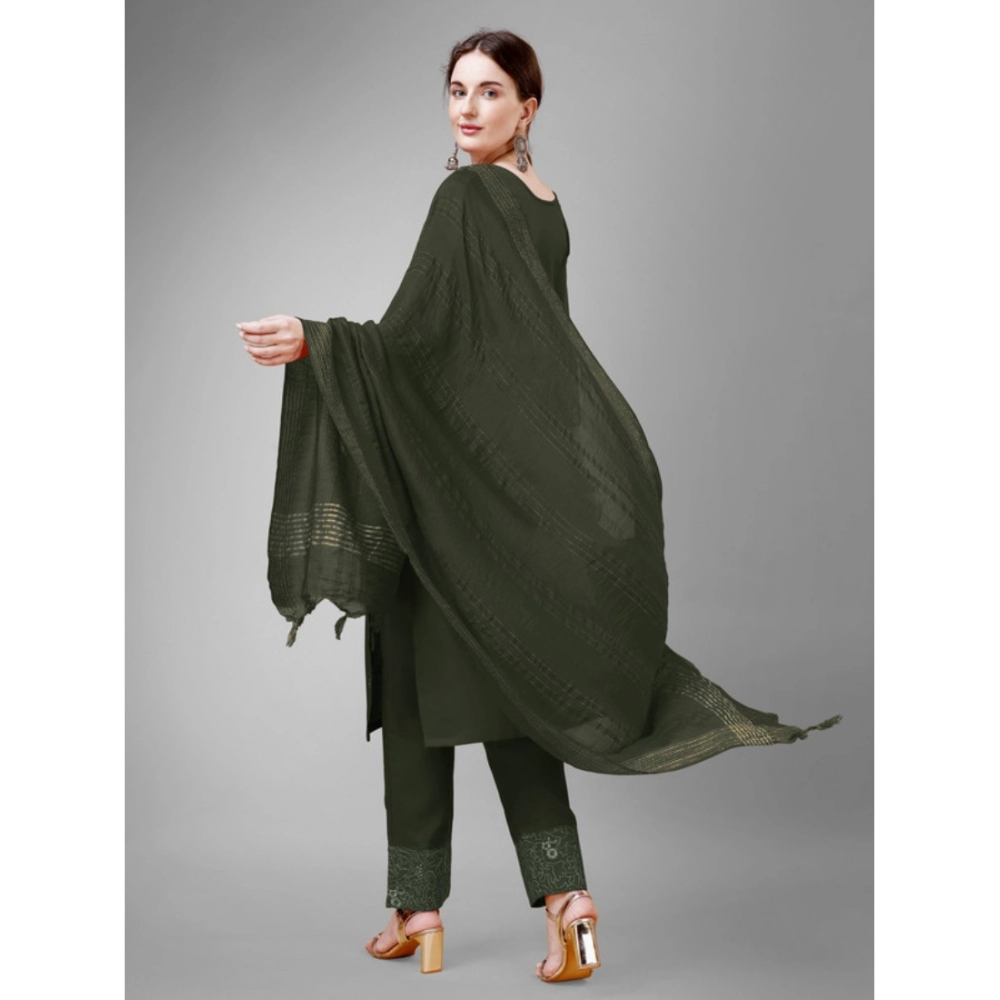 Women's Casual 3-4 th Sleeve Embroidery Cotton Kurti Pant Dupatta Set (Dark Green) - Image 6
