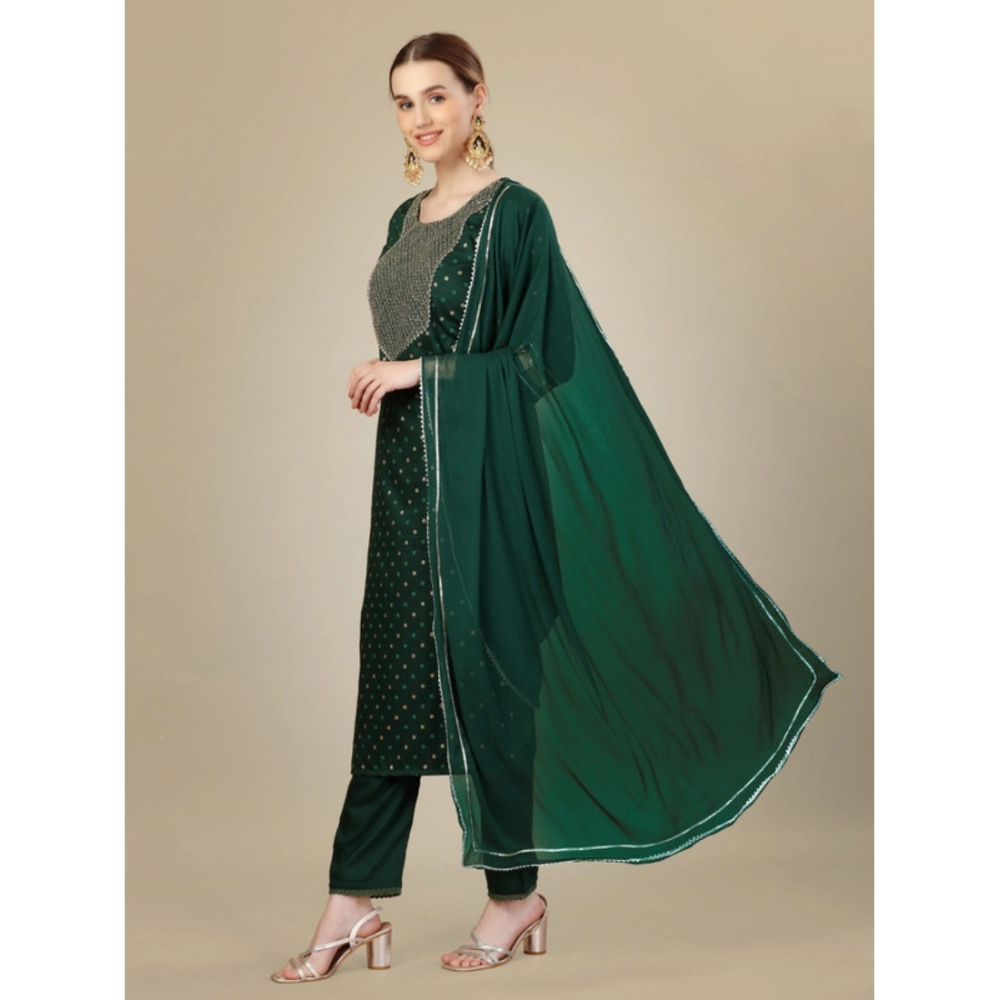 Women's Casual 3-4 th Sleeve Embroidery Silk Blend Kurti Pant Dupatta Set (Dark Green) - Image 5