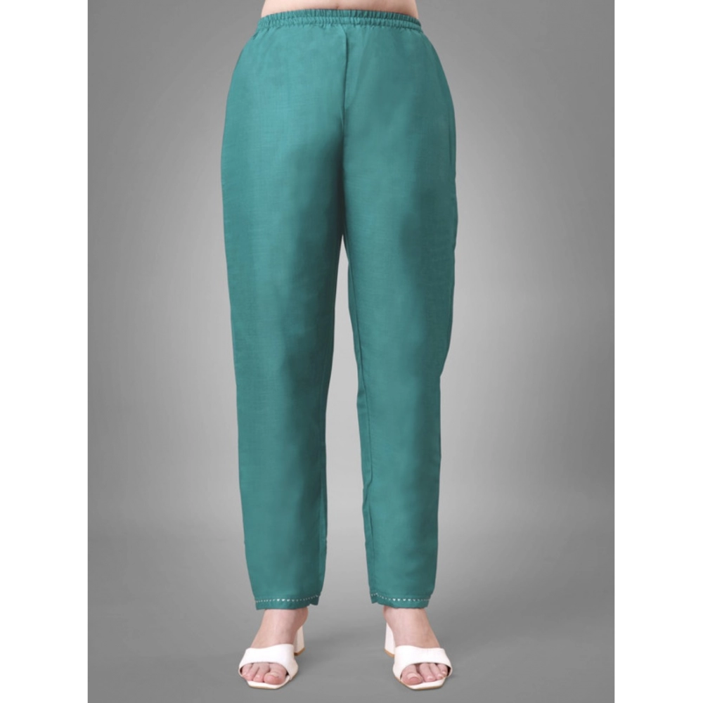 Women's Casual 3-4 th Sleeve Embroidery Cotton Kurti Pant Dupatta Set (Teal) - Image 2