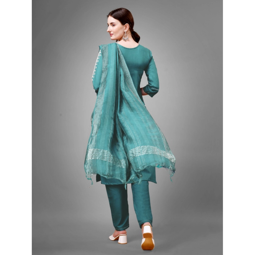 Women's Casual 3-4 th Sleeve Embroidery Cotton Kurti Pant Dupatta Set (Teal) - Image 6