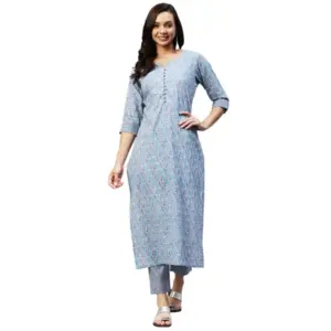 Women's Casual 3-4 th Sleeve Printed Cotton Kurti Pant Set (Pastel Blue)