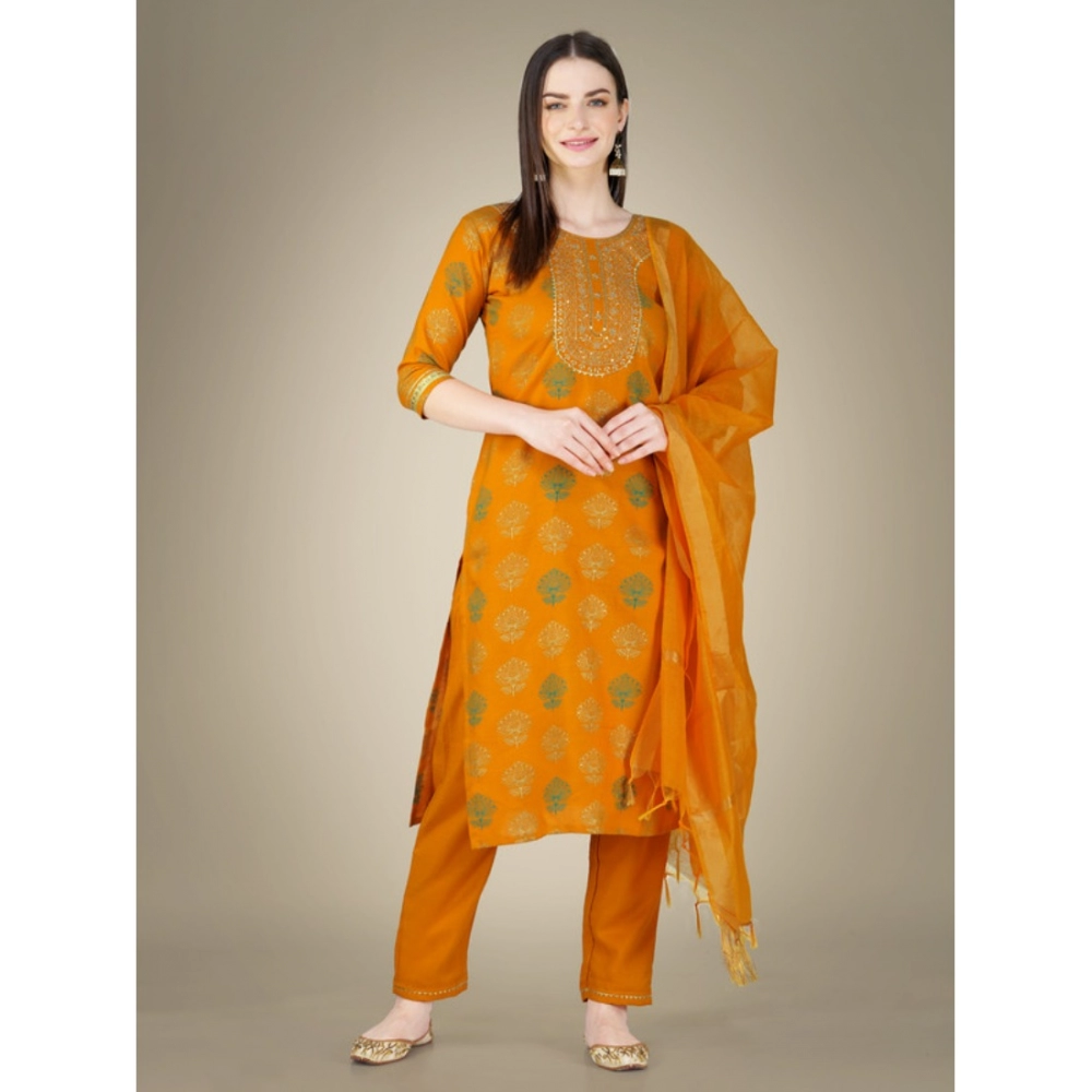 Women's Casual 3-4 th Sleeve Embroidery Cotton Kurti Pant Dupatta Set (Yellow) - Image 3