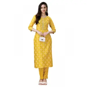 Women's Casual 3-4 th Sleeve Embroidery Rayon Kurti Pant Set (Yellow)