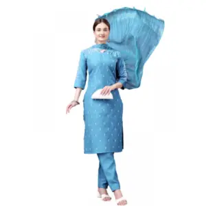Women's Casual 3-4 th Sleeve Embroidery Cotton Kurti Pant Dupatta Set (Sky Blue)