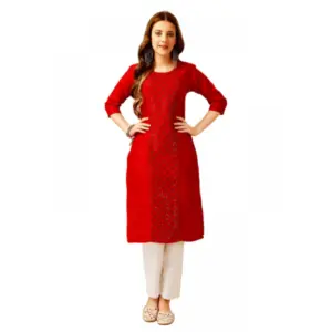 Women's Casual 3-4 th Sleeve Embroidery Cotton Kurti Pant Set (Red)