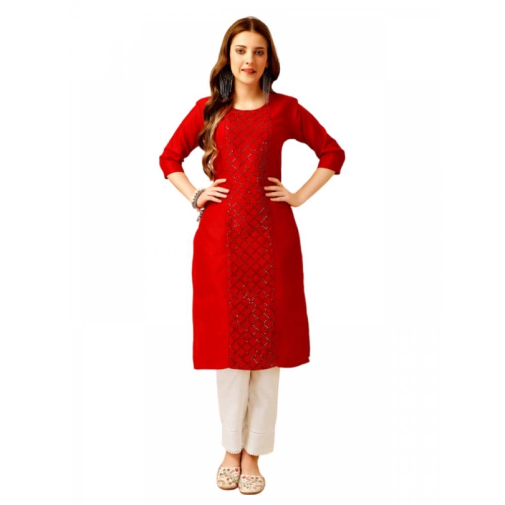 Women's Casual 3-4 th Sleeve Embroidery Cotton Kurti Pant Set (Red)