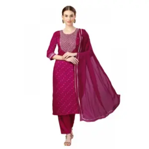 Women's Casual 3-4 th Sleeve Embroidery Silk Blend Kurti Pant Dupatta Set (Rani)
