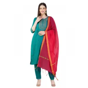 Women's Casual 3-4 th Sleeve Embroidery Cotton Kurti Pant Dupatta Set (Light Green)