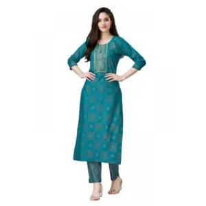 Women's Casual 3-4 th Sleeve Embroidery Rayon Kurti Pant Set (Green)