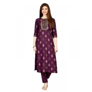 Women's Casual 3-4 th Sleeve Embroidery Rayon Kurti Pant Set (Purple)