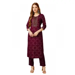 Women's Casual 3-4 th Sleeve Embroidery Rayon Kurti Pant Set (Purple)