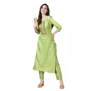 Women's Casual 3-4 th Sleeve Embroidery Rayon Kurti Pant Set (Light Green)