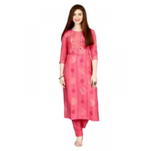 Women's Casual 3-4 th Sleeve Embroidery Rayon Kurti Pant Set (Pink)