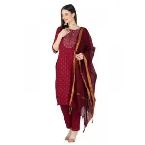 Women's Casual 3-4 th Sleeve Embroidery Cotton Kurti Pant Dupatta Set (Maroon)