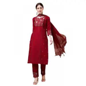 Women's Casual 3-4 th Sleeve Embroidery Cotton Kurti Pant Dupatta Set (Maroon)