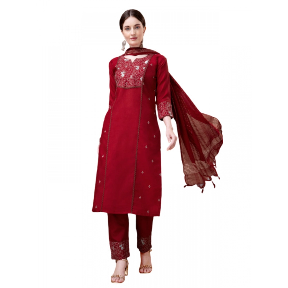 Women's Casual 3-4 th Sleeve Embroidery Cotton Kurti Pant Dupatta Set (Maroon)