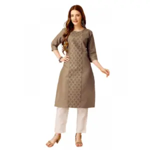Women's Casual 3-4 th Sleeve Embroidery Cotton Kurti Pant Set (Beige)
