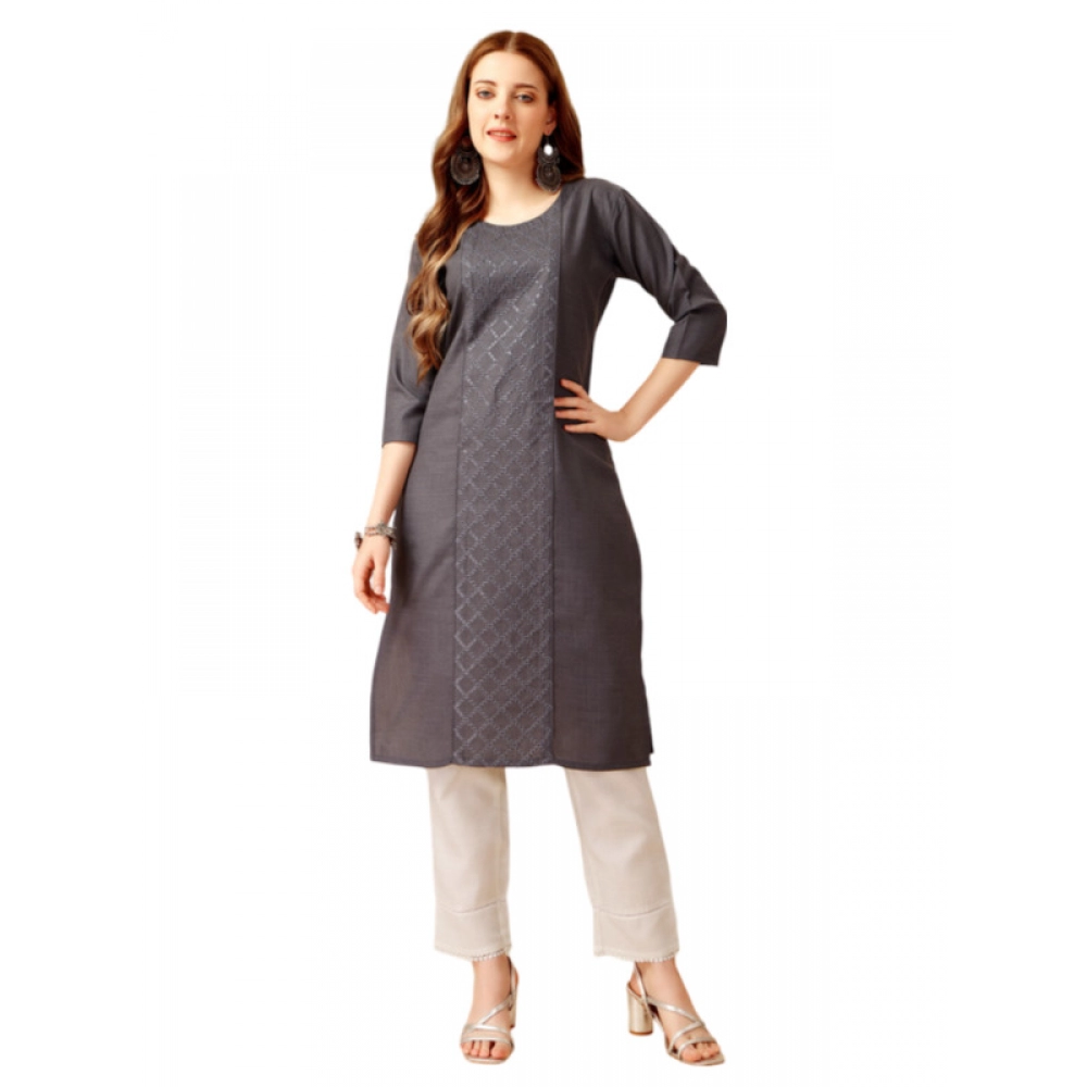 Women's Casual 3-4 th Sleeve Embroidery Cotton Kurti Pant Set (Grey)